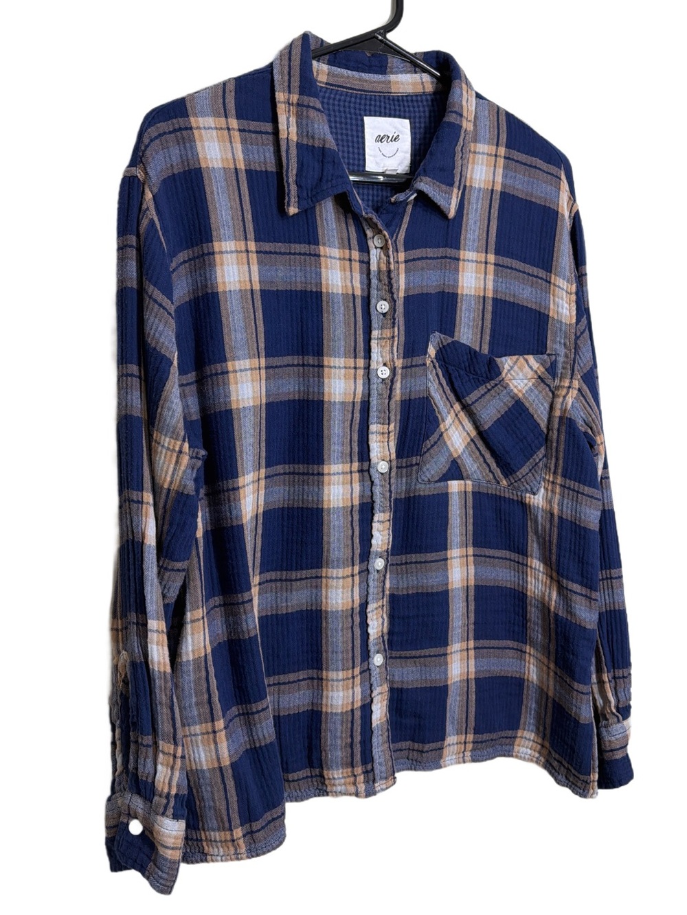 aerie Navy Blue Plaid Button-Down Shirt with Tan Accents - Picture 8 of 8